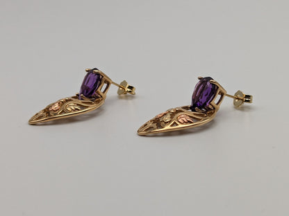 10k 12k Black Hills Gold Traditional Amethyst Gold Vine Dangle Earrings Trio Gold Vine Leaf Amethyst Tear Drop Earrings