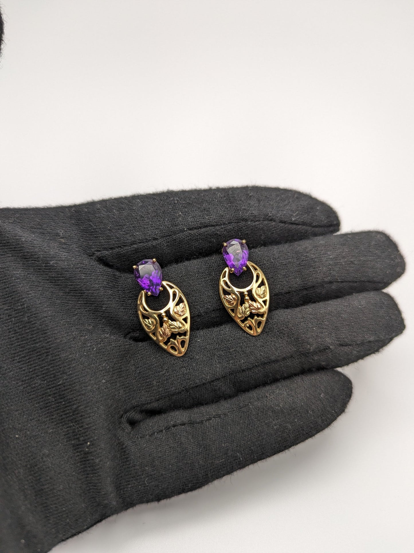 10k 12k Black Hills Gold Traditional Amethyst Gold Vine Dangle Earrings Trio Gold Vine Leaf Amethyst Tear Drop Earrings