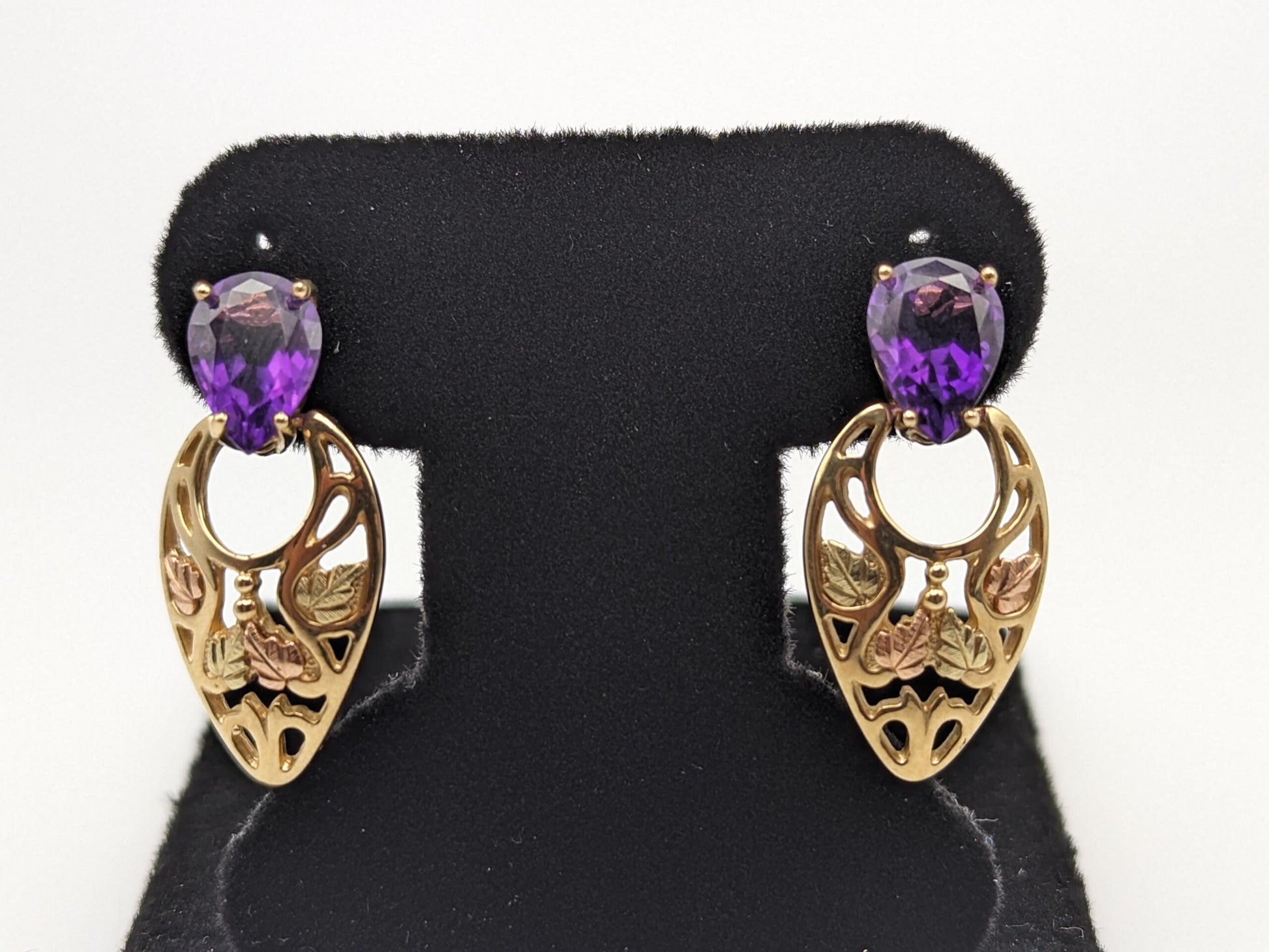 10k 12k Black Hills Gold Traditional Amethyst Gold Vine Dangle Earrings Trio Gold Vine Leaf Amethyst Tear Drop Earrings