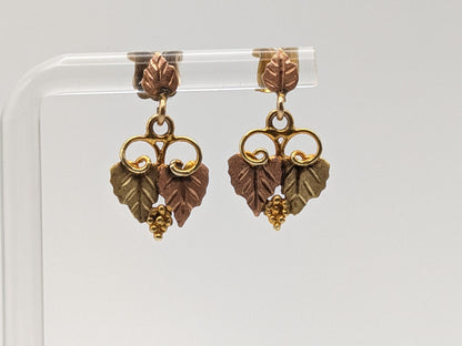 Black Hills Gold Traditional 12k Gold Vine Earrings Post Design Rose Gold Black Hills Gold Trio Gold Vine Leaf Earrings