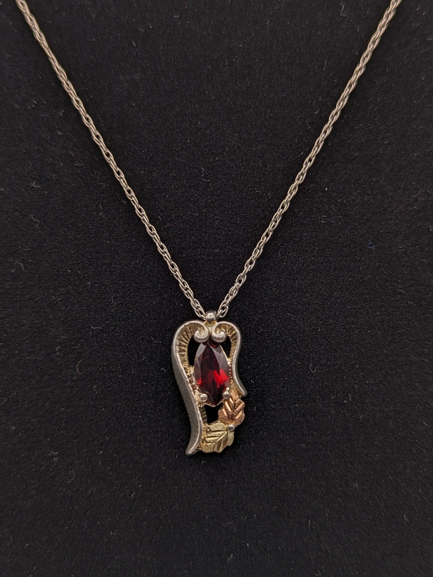 10k 12k Black Hills Gold Sterling Silver Garnet w Gold Heart VinePendant Garnet Necklace Silver Chain Pendant 14" Chain