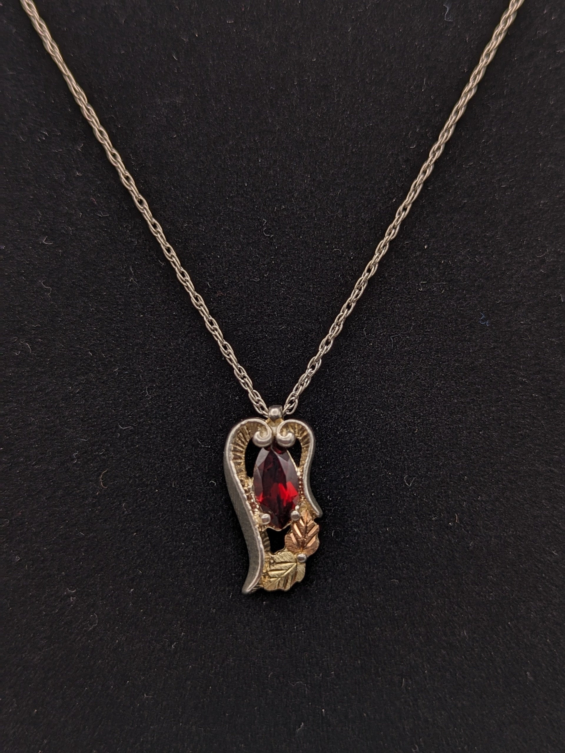 10k 12k Black Hills Gold Sterling Silver Garnet w Gold Heart VinePendant Garnet Necklace Silver Chain Pendant 14" Chain