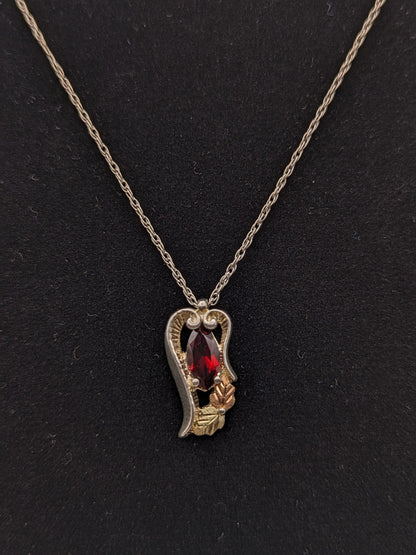 10k 12k Black Hills Gold Sterling Silver Garnet w Gold Heart VinePendant Garnet Necklace Silver Chain Pendant 14" Chain