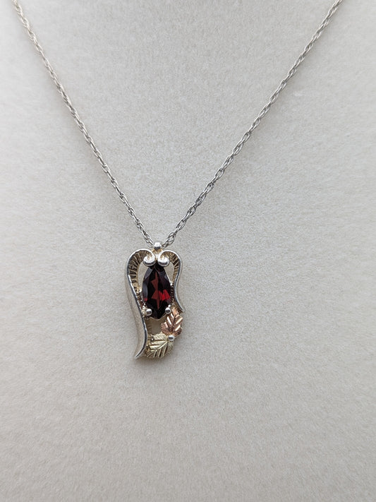 10k 12k Black Hills Gold Sterling Silver Garnet w Gold Heart VinePendant Garnet Necklace Silver Chain Pendant 14" Chain