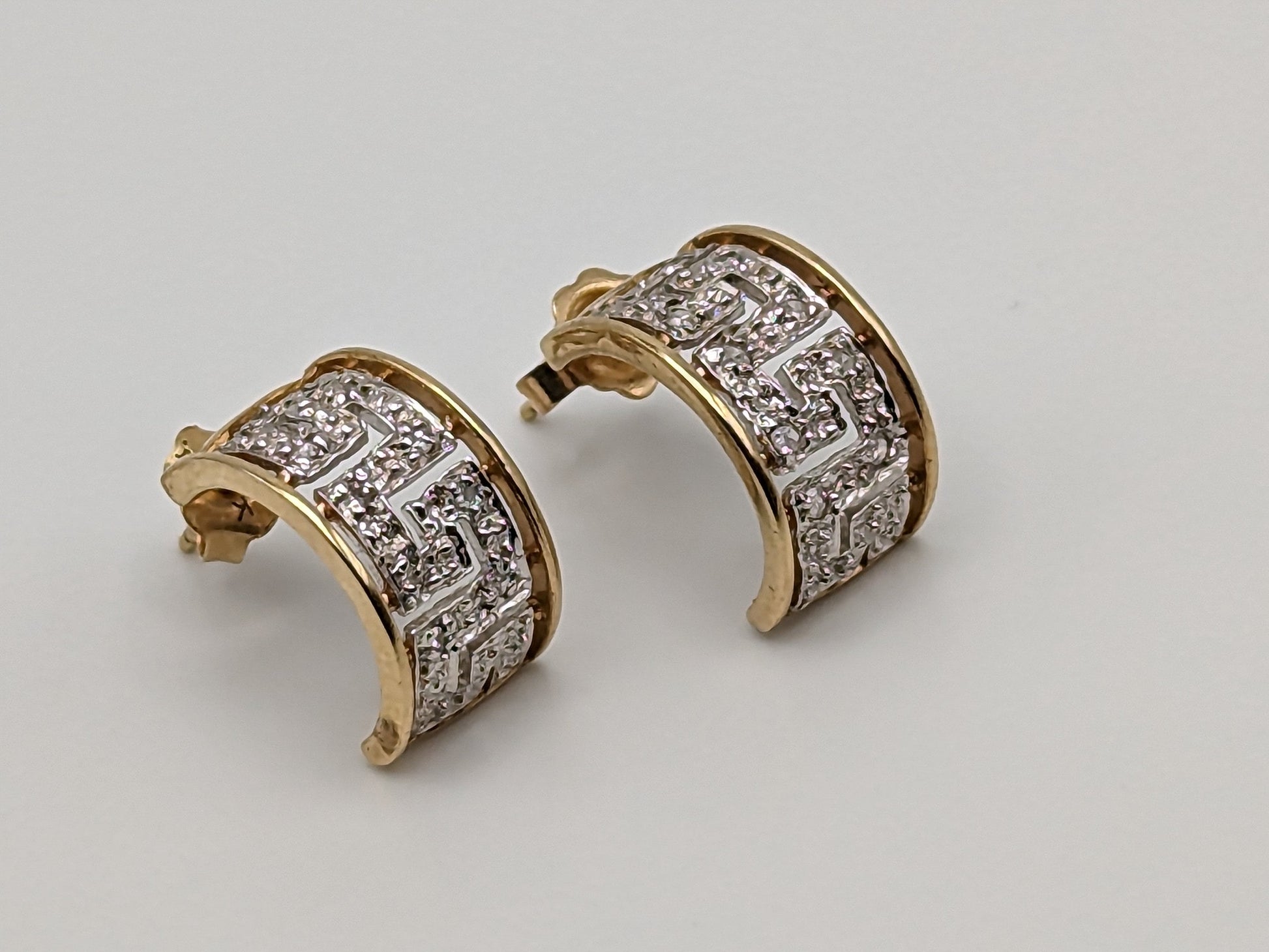 10k Gold Hoop Greek Key Diamond Huggie Earrings. Diamond Hoops Huggies