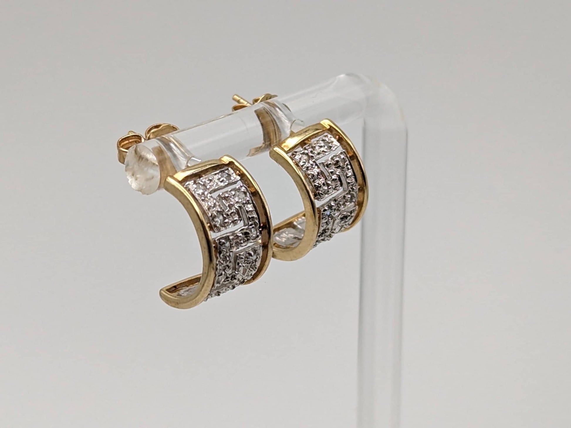 10k Gold Hoop Greek Key Diamond Huggie Earrings. Diamond Hoops Huggies