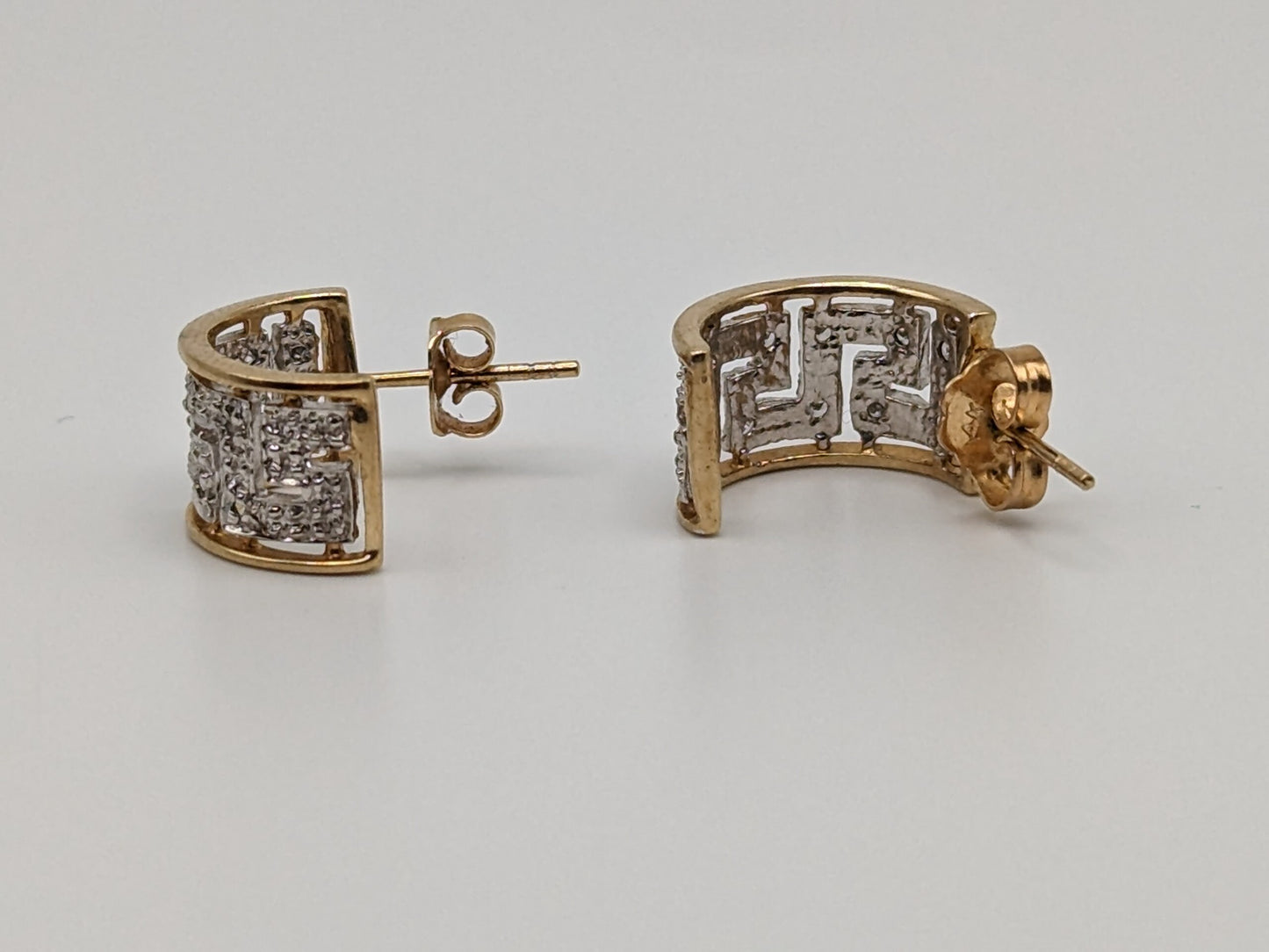 10k Gold Hoop Greek Key Diamond Huggie Earrings. Diamond Hoops Huggies