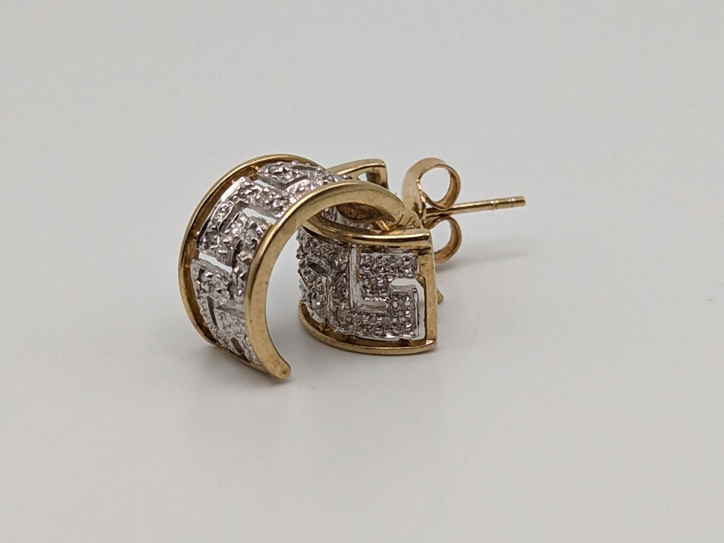 10k Gold Hoop Greek Key Diamond Huggie Earrings. Diamond Hoops Huggies