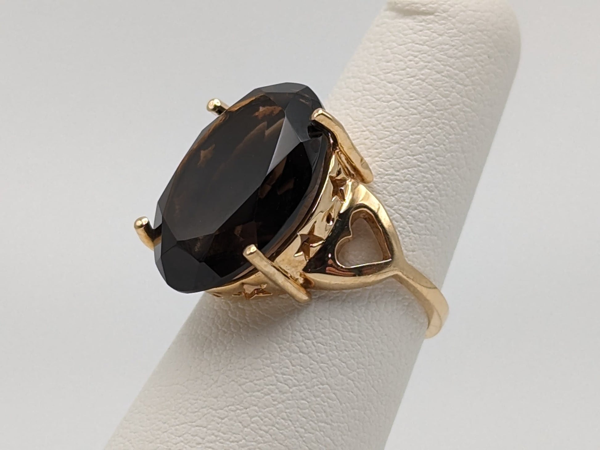 10k Yellow Gold Chocolate Smokey Quartz Star Heart Oval Quartz Statement Ring.