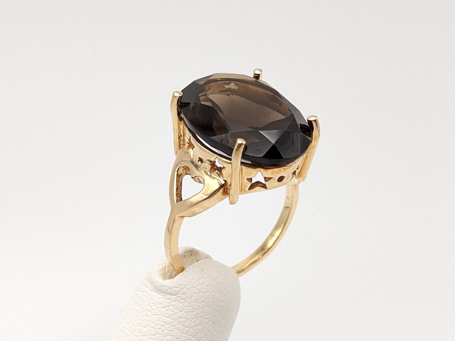 10k Yellow Gold Chocolate Smokey Quartz Star Heart Oval Quartz Statement Ring.