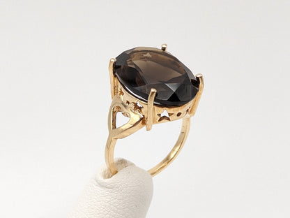 10k Yellow Gold Chocolate Smokey Quartz Star Heart Oval Quartz Statement Ring.
