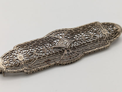 10k White Gold Diamond Filigree Brooch Pin