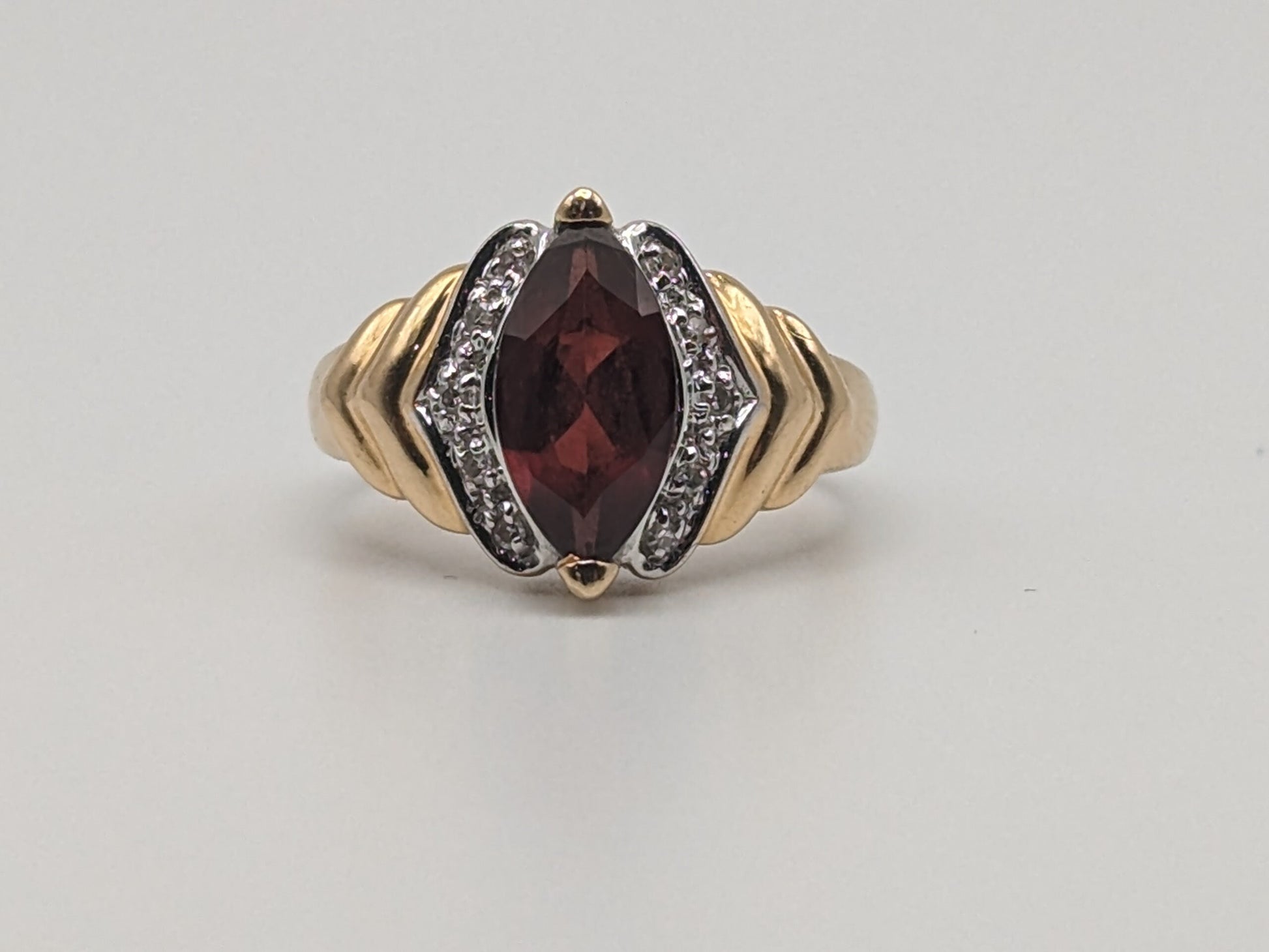 14k Yellow Gold Marquise Cut Garnet Diamonds Ring Statement Cocktail Wedding band.