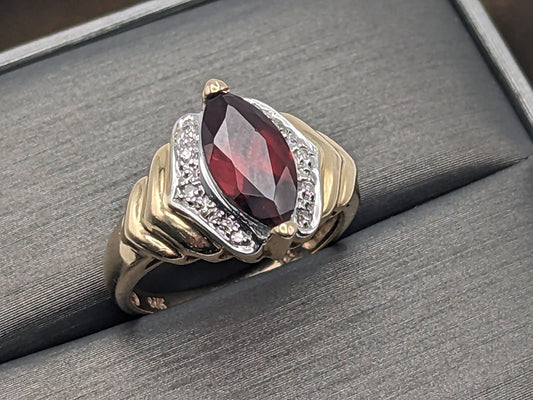 14k Yellow Gold Marquise Cut Garnet Diamonds Ring Statement Cocktail Wedding band.