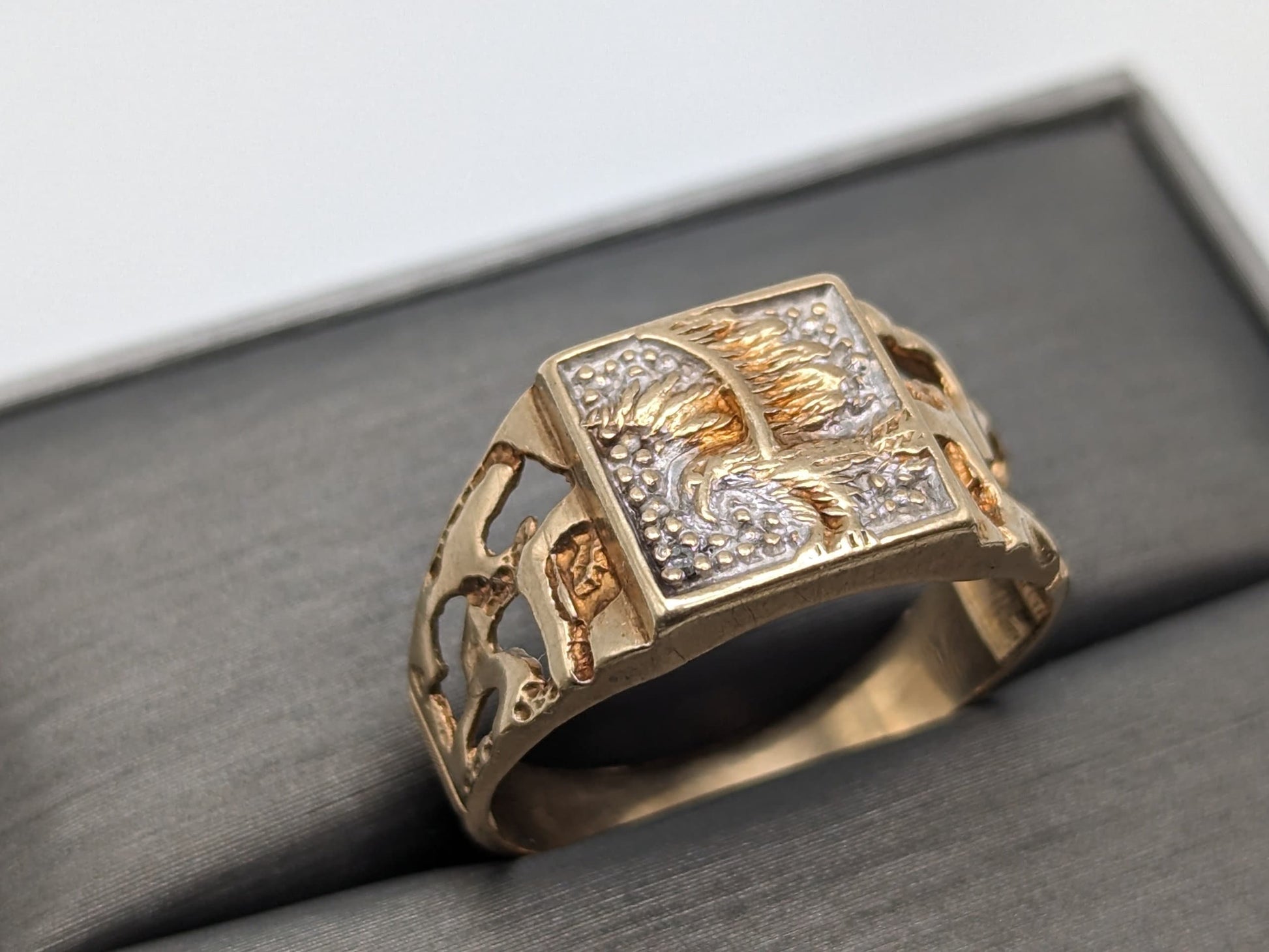 10k Yellow and White Gold Eagle Mens Statement Wedding. Eagle Signet Ring.