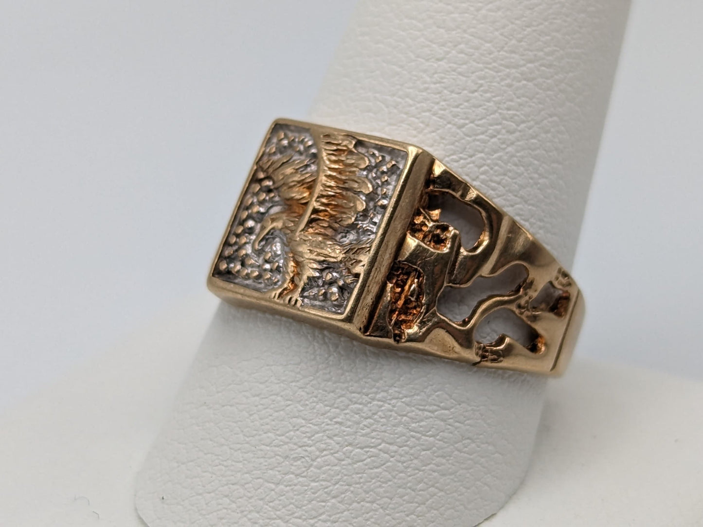 10k Yellow and White Gold Eagle Mens Statement Wedding. Eagle Signet Ring.