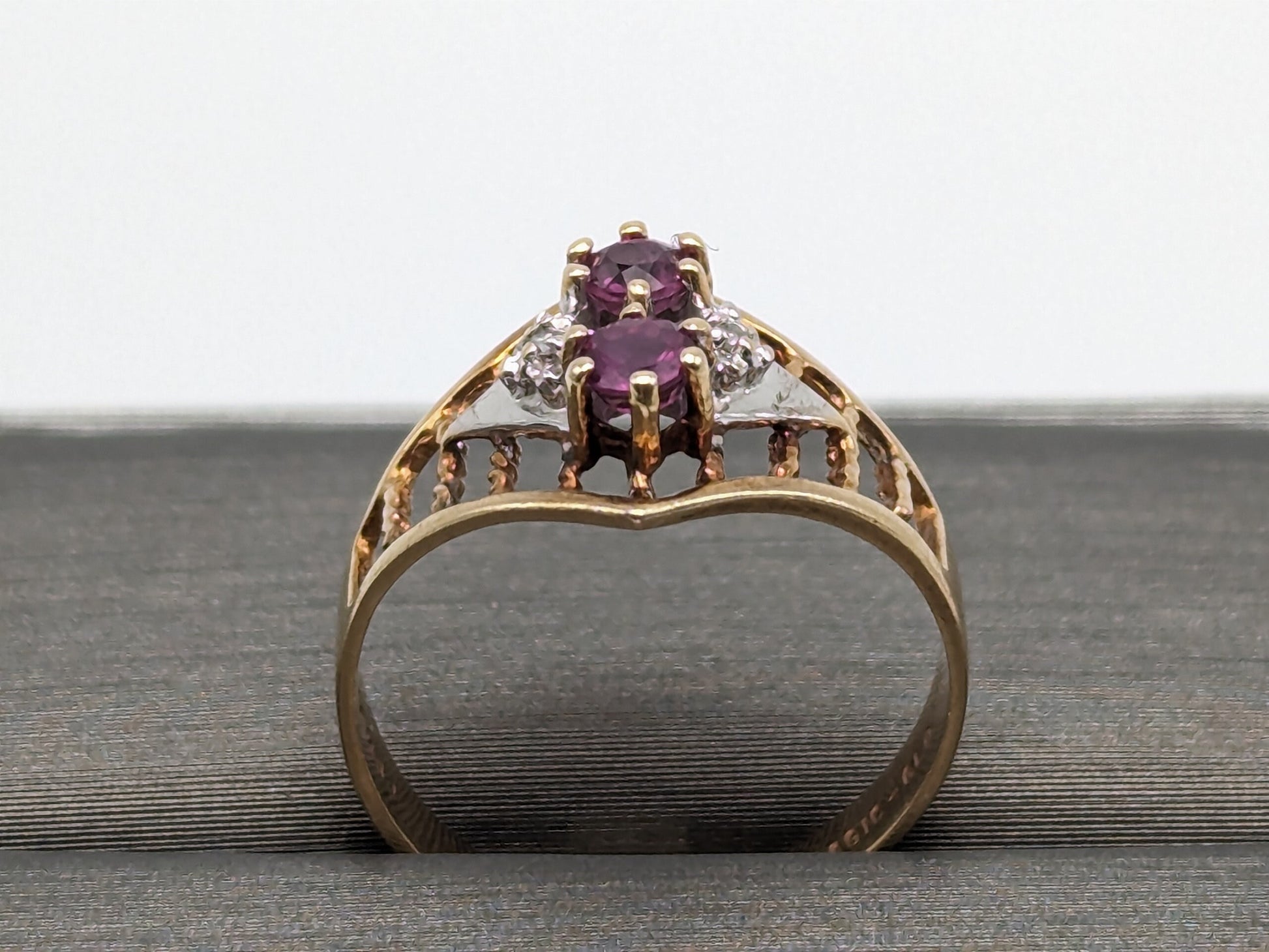 10k Multi-Gold Diamond Double Ruby Ring Statement Promise Wedding Cocktail Ring