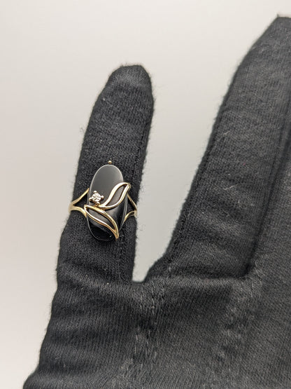 Vintage 5.6gr Gold 14k Rectangle Black Onyx Diamond Ring Midnight Black. 14k Vintage Diamond Onyx Art Deco Ring Pinky Onyx Ring.