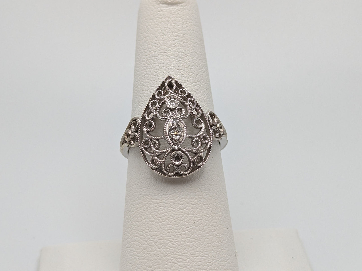 14k White Gold Diamond Filigree Tear Shaped Ring 14k Handmade Diamond Statement Wedding Engagement Ring