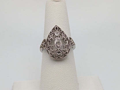 14k White Gold Diamond Filigree Tear Shaped Ring 14k Handmade Diamond Statement Wedding Engagement Ring