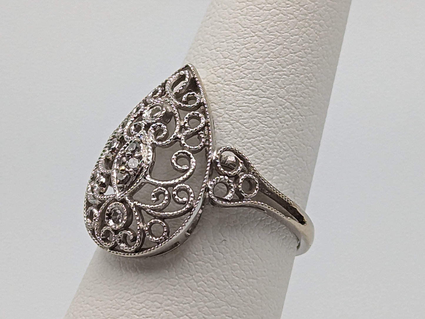 14k White Gold Diamond Filigree Tear Shaped Ring 14k Handmade Diamond Statement Wedding Engagement Ring