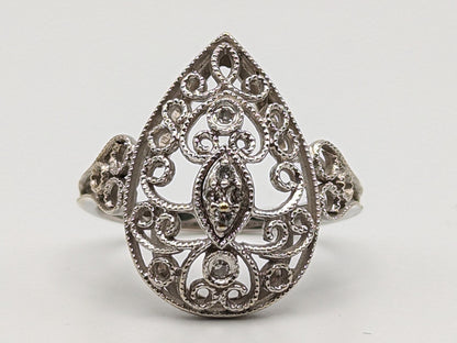 14k White Gold Diamond Filigree Tear Shaped Ring 14k Handmade Diamond Statement Wedding Engagement Ring