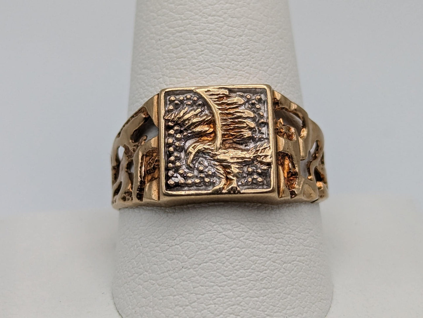 10k Yellow and White Gold Eagle Mens Statement Wedding. Eagle Signet Ring.