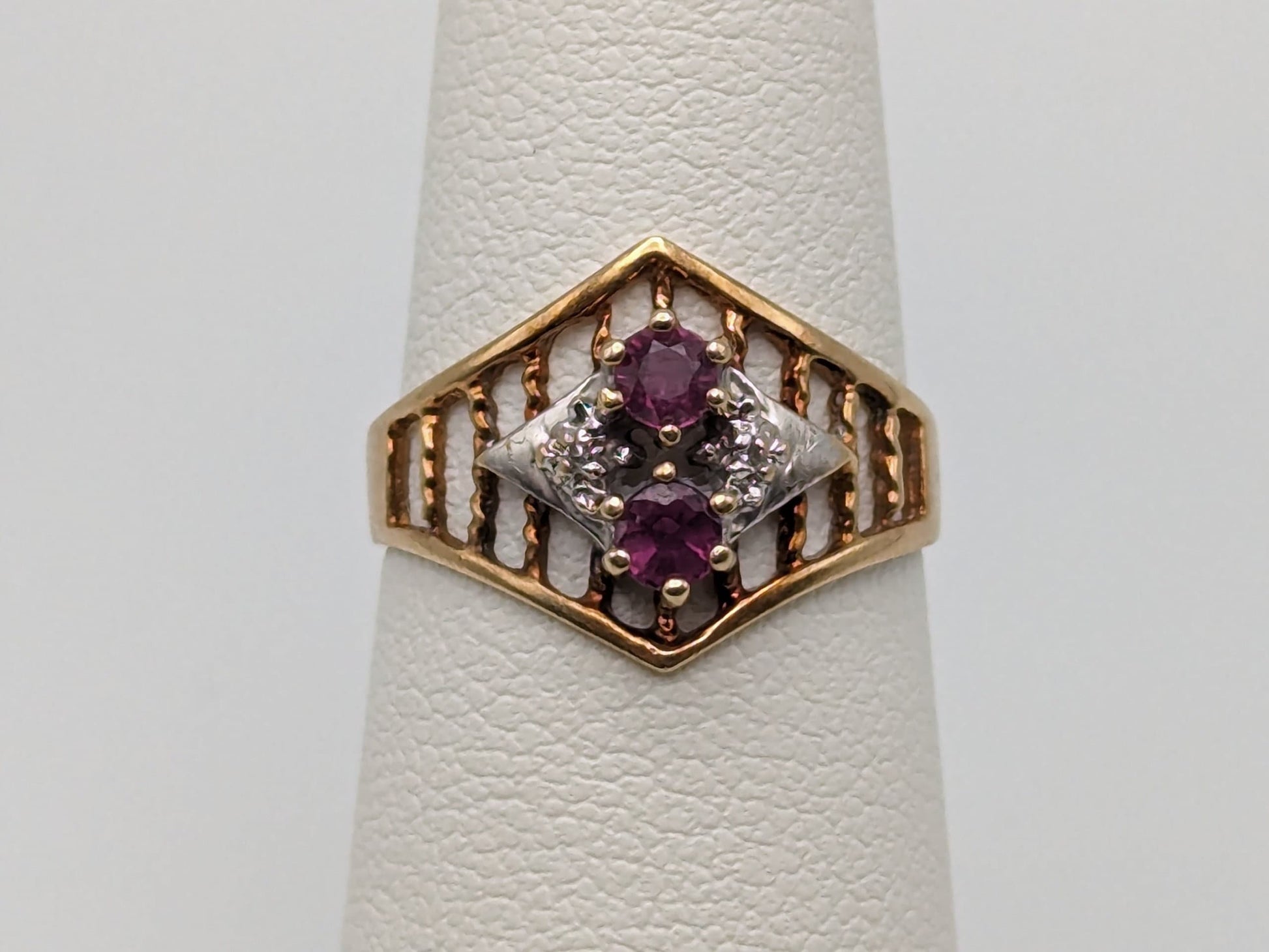 10k Multi-Gold Diamond Double Ruby Ring Statement Promise Wedding Cocktail Ring