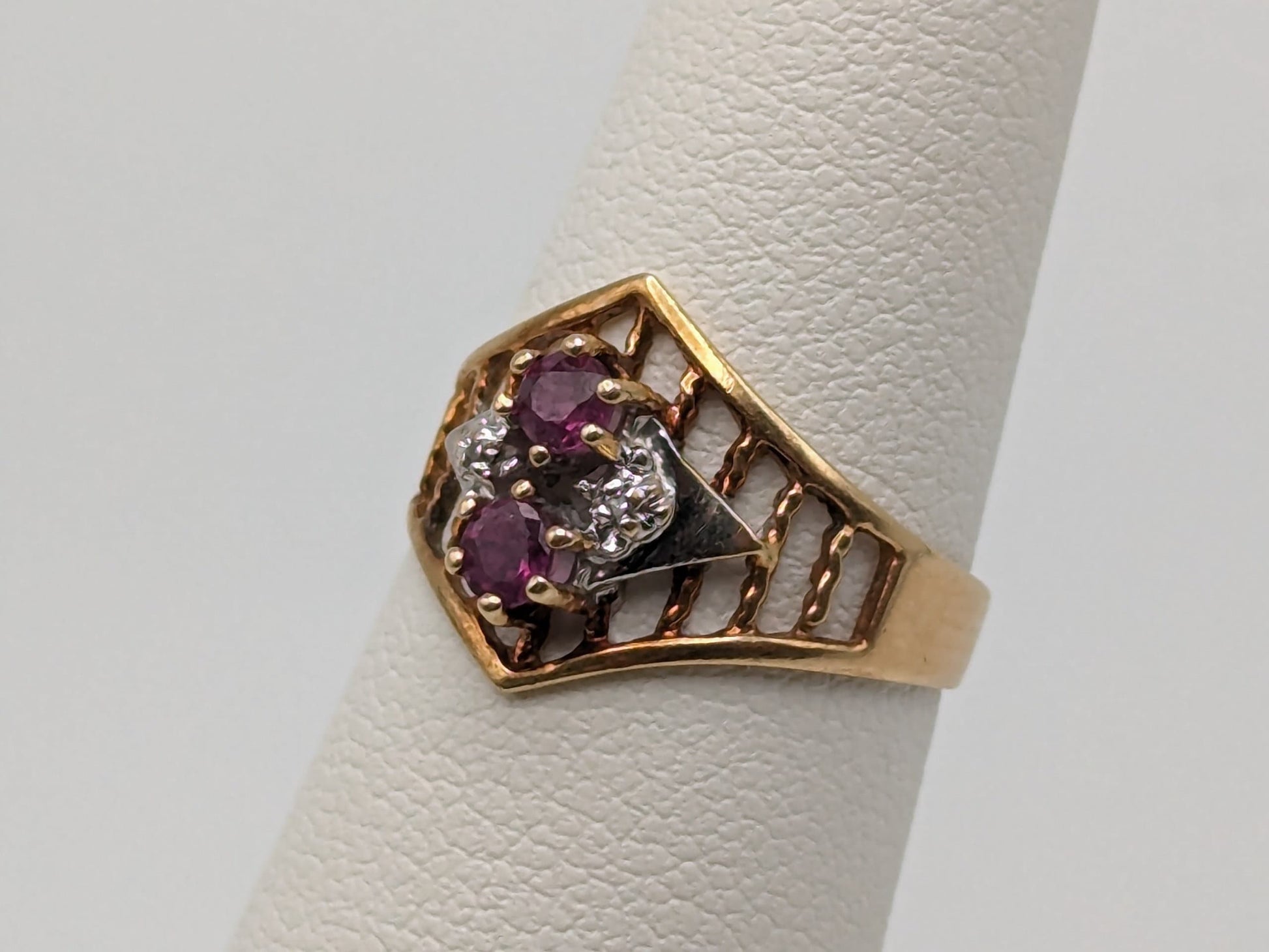 10k Multi-Gold Diamond Double Ruby Ring Statement Promise Wedding Cocktail Ring