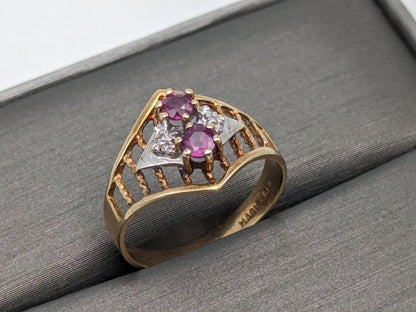 10k Multi-Gold Diamond Double Ruby Ring Statement Promise Wedding Cocktail Ring