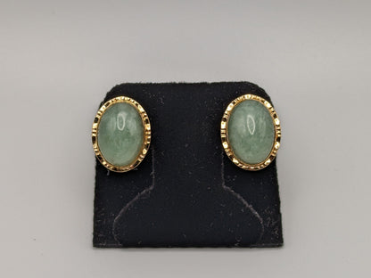 14K Gold Green Jade Button Stud Earrings Fancy Clips. 14k Green Button Earrings.