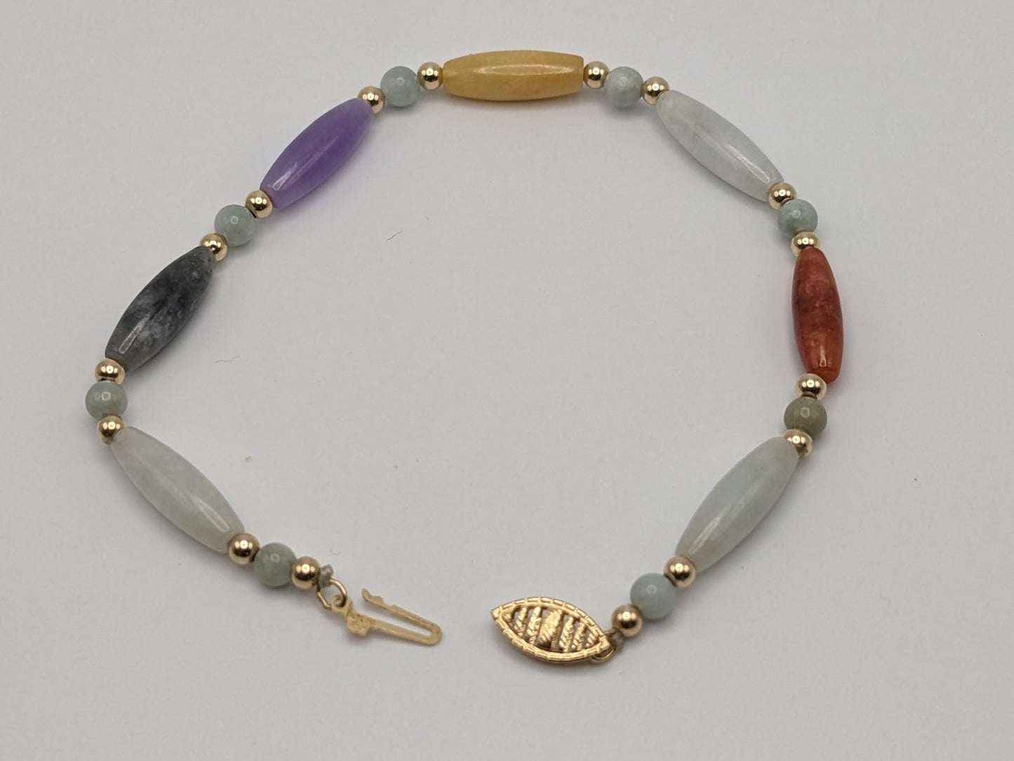 14K Gold Bead Multi Color Jade Jadite Tube Bead Bracelet. Tube Cylinder Yellow Gold 7"Inch Bracelet.