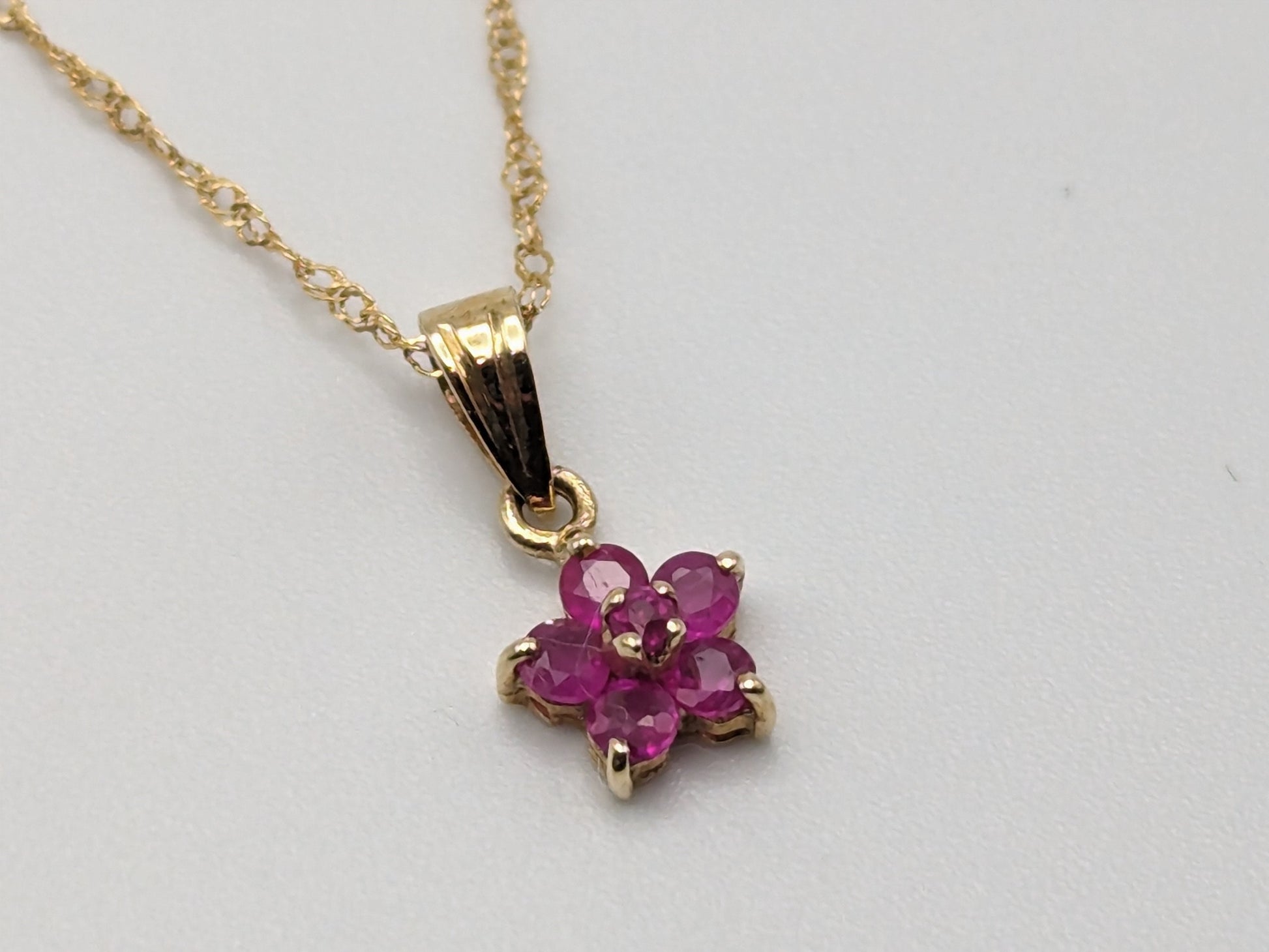 10k Solid Gold Flower Necklace Pendant. 10k Gold Chain with Ruby Flower.