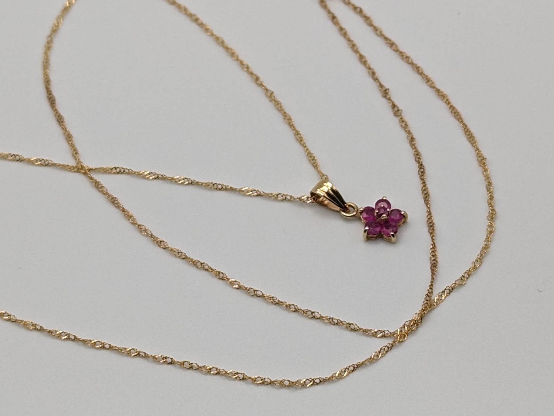 10k Solid Gold Flower Necklace Pendant. 10k Gold Chain with Ruby Flower.