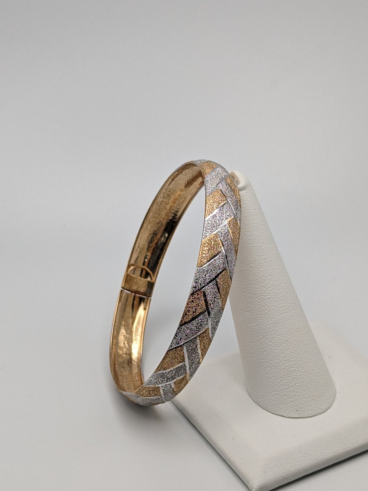 Large 10k Two-Tone Gold X Etched Bangle 10mm Bracelet Design Solid Gold Womens Bangle