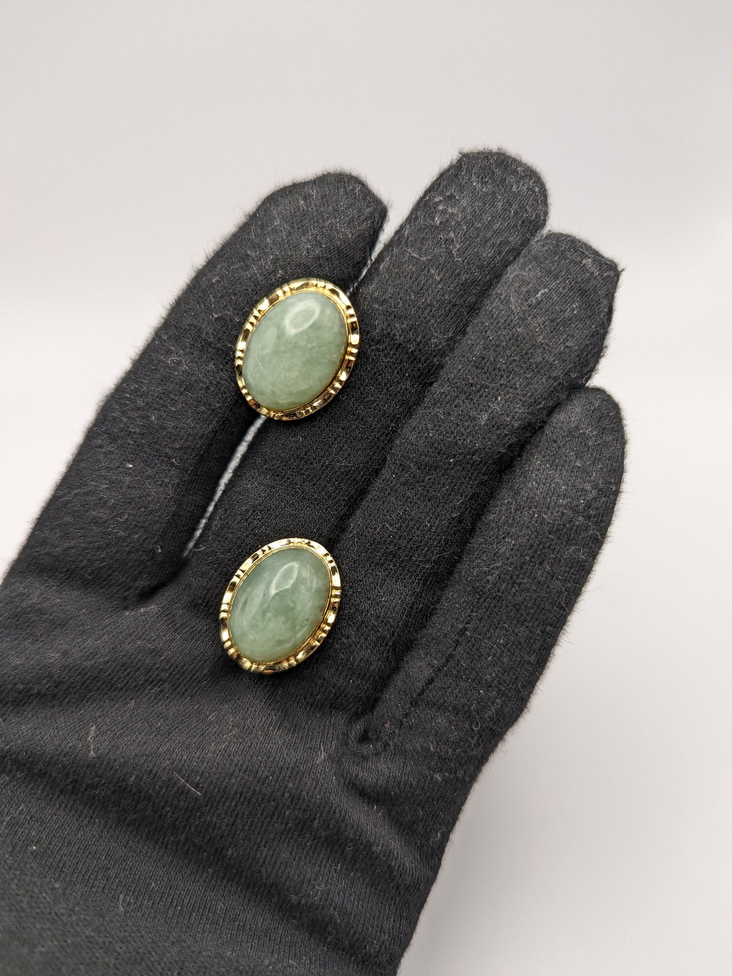 14K Gold Green Jade Button Stud Earrings Fancy Clips. 14k Green Button Earrings.