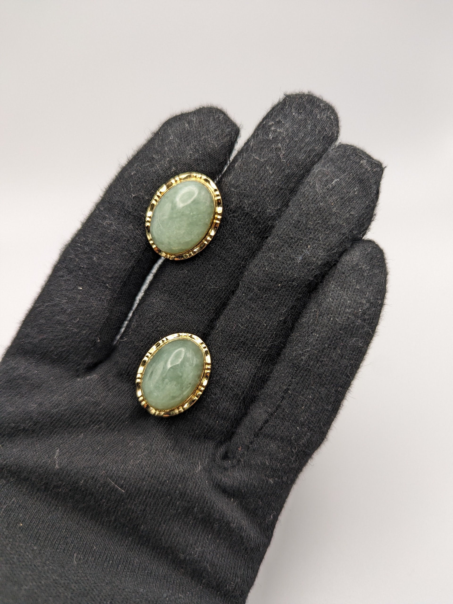 14K Gold Green Jade Button Stud Earrings Fancy Clips. 14k Green Button Earrings.