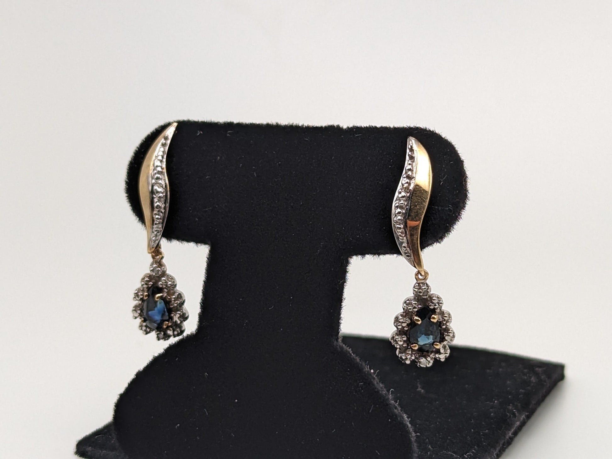 10k Yellow Gold Diamond and Blue Sapphire Earrings. 10k Dangle Earrings.