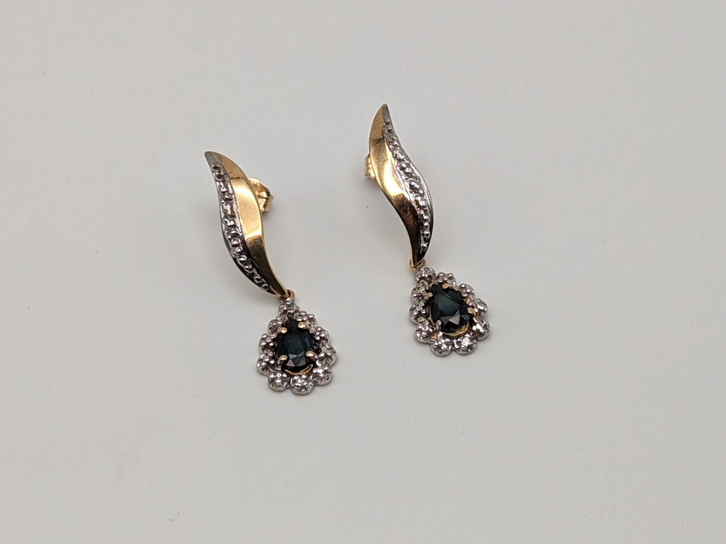 10k Yellow Gold Diamond and Blue Sapphire Earrings. 10k Dangle Earrings.