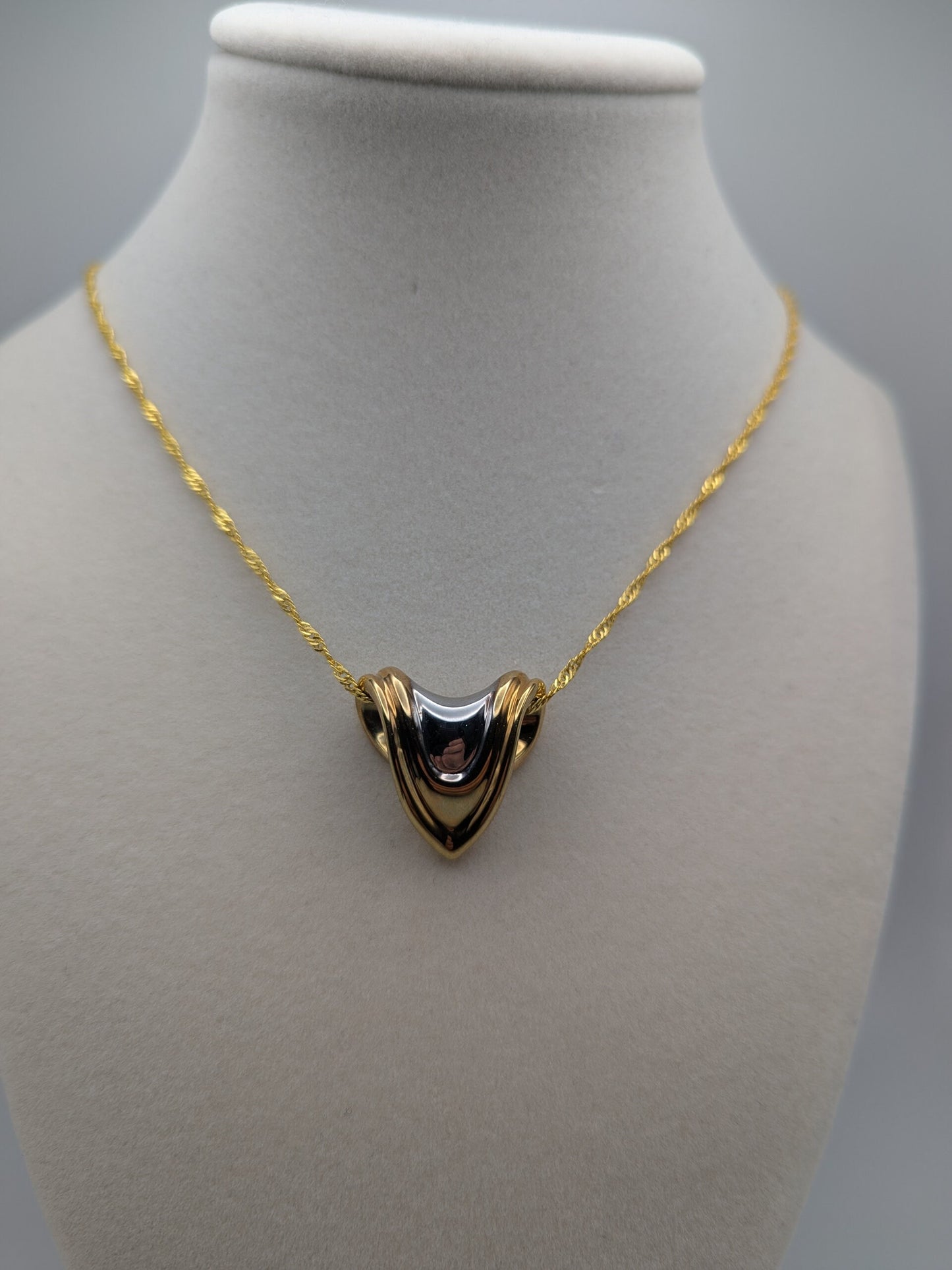 Large 14k Two-Tone Gold Modern Heart Infinity Shield Pendant + Complimentary 18k GF Necklace.