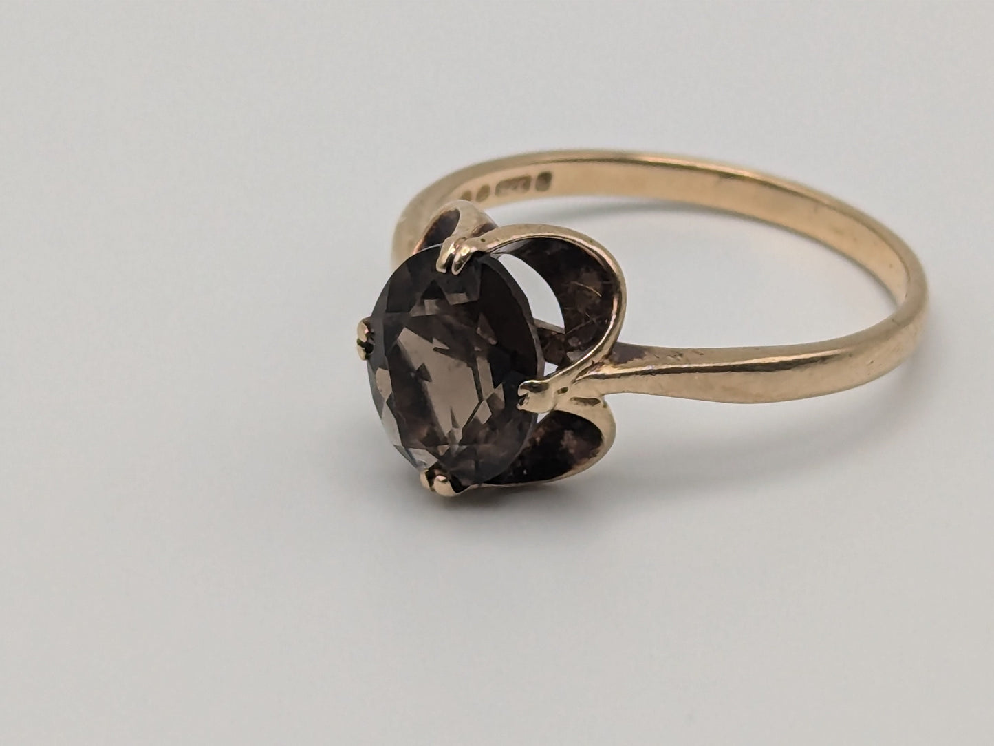 9k Designer England Gold Ring Chocolate Smoky Quartz Oval Statement Wedding Cocktail Ring