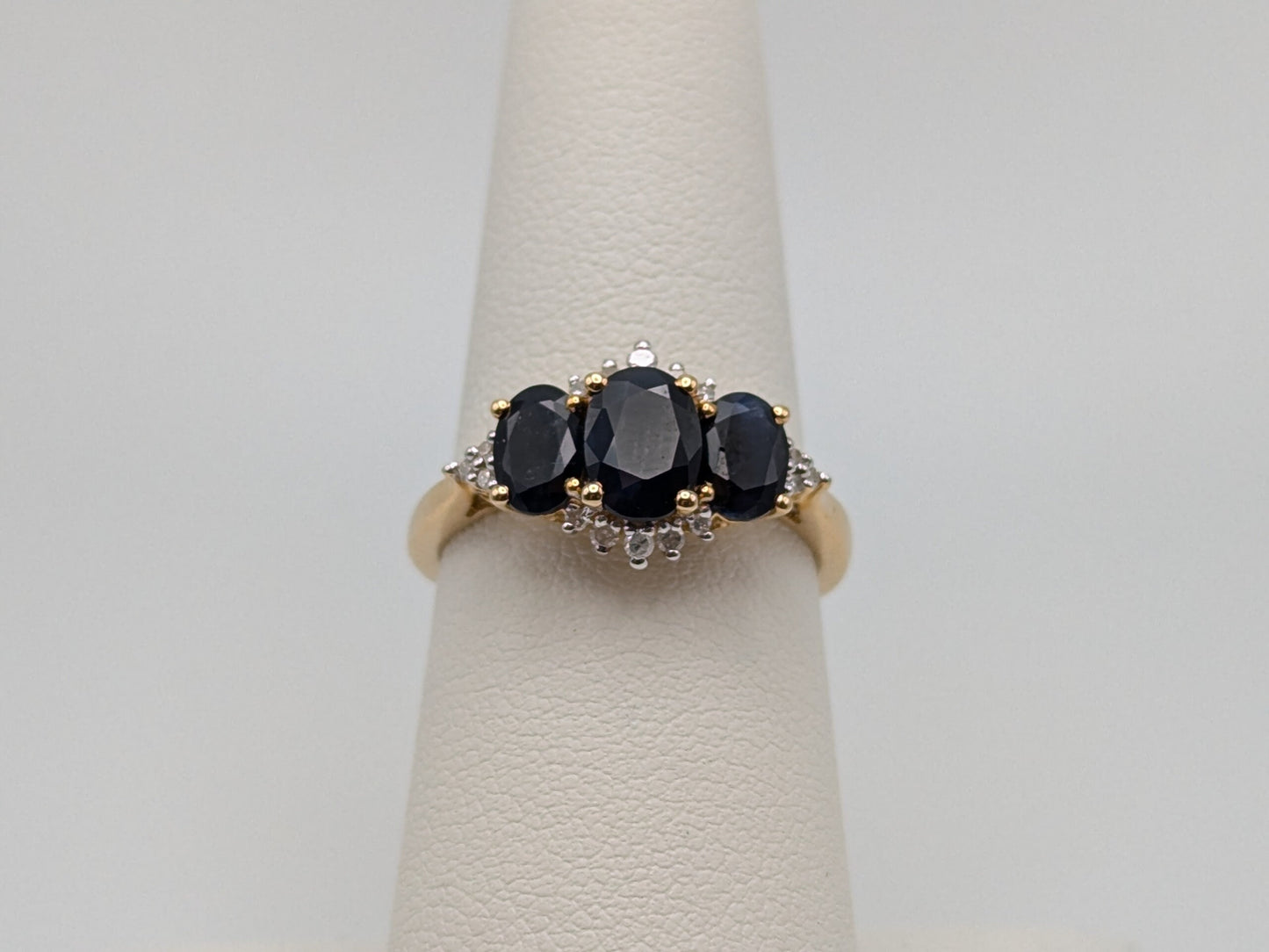 14k Yellow Gold Blue Sapphire Diamond Ring. Triple Sapphire Band. 14k Promise Ring.