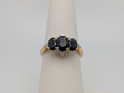 14k Yellow Gold Blue Sapphire Diamond Ring. Triple Sapphire Band. 14k Promise Ring.