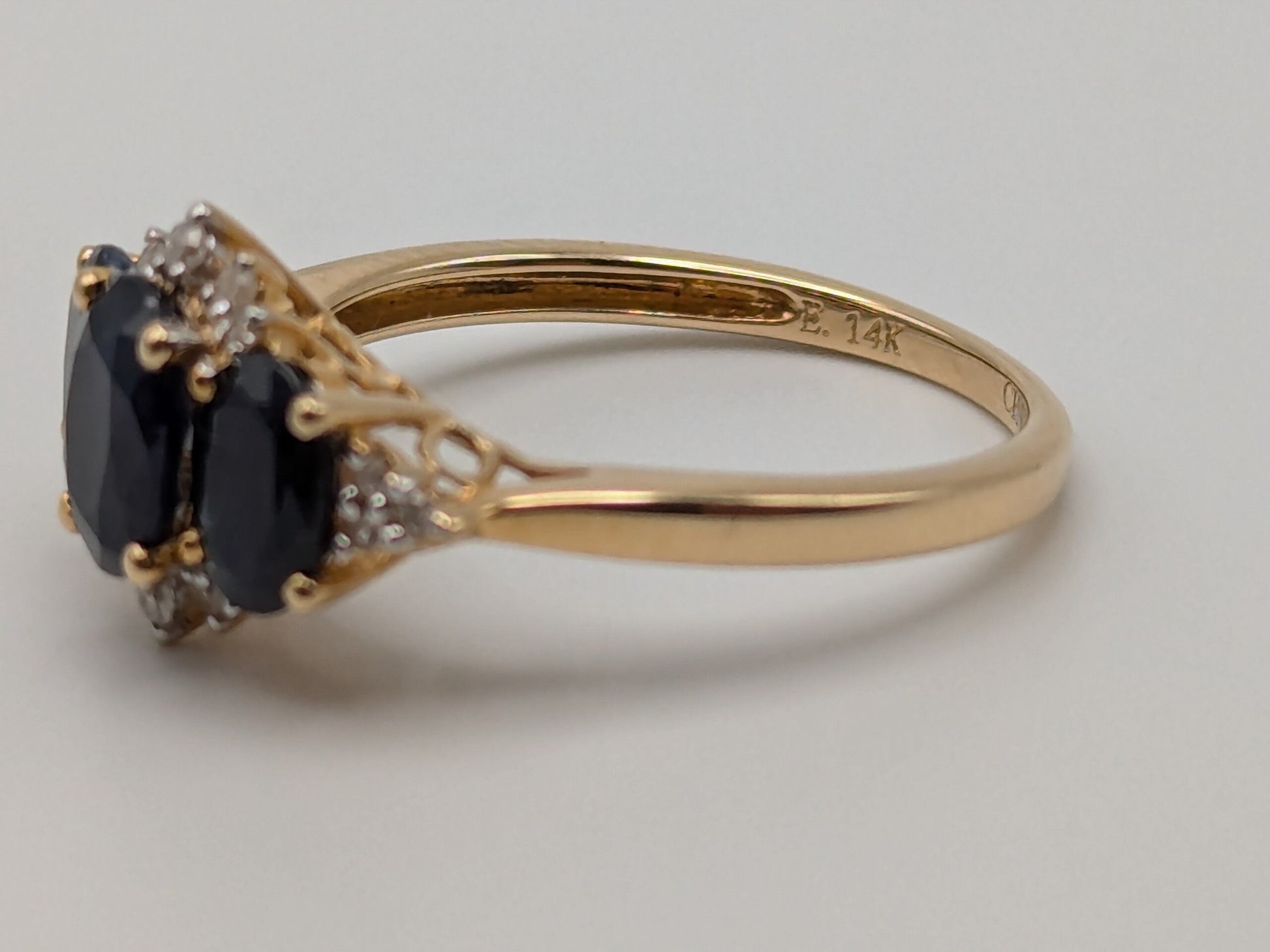 14k Yellow Gold Blue Sapphire Diamond Ring. Triple Sapphire Band. 14k Promise Ring.