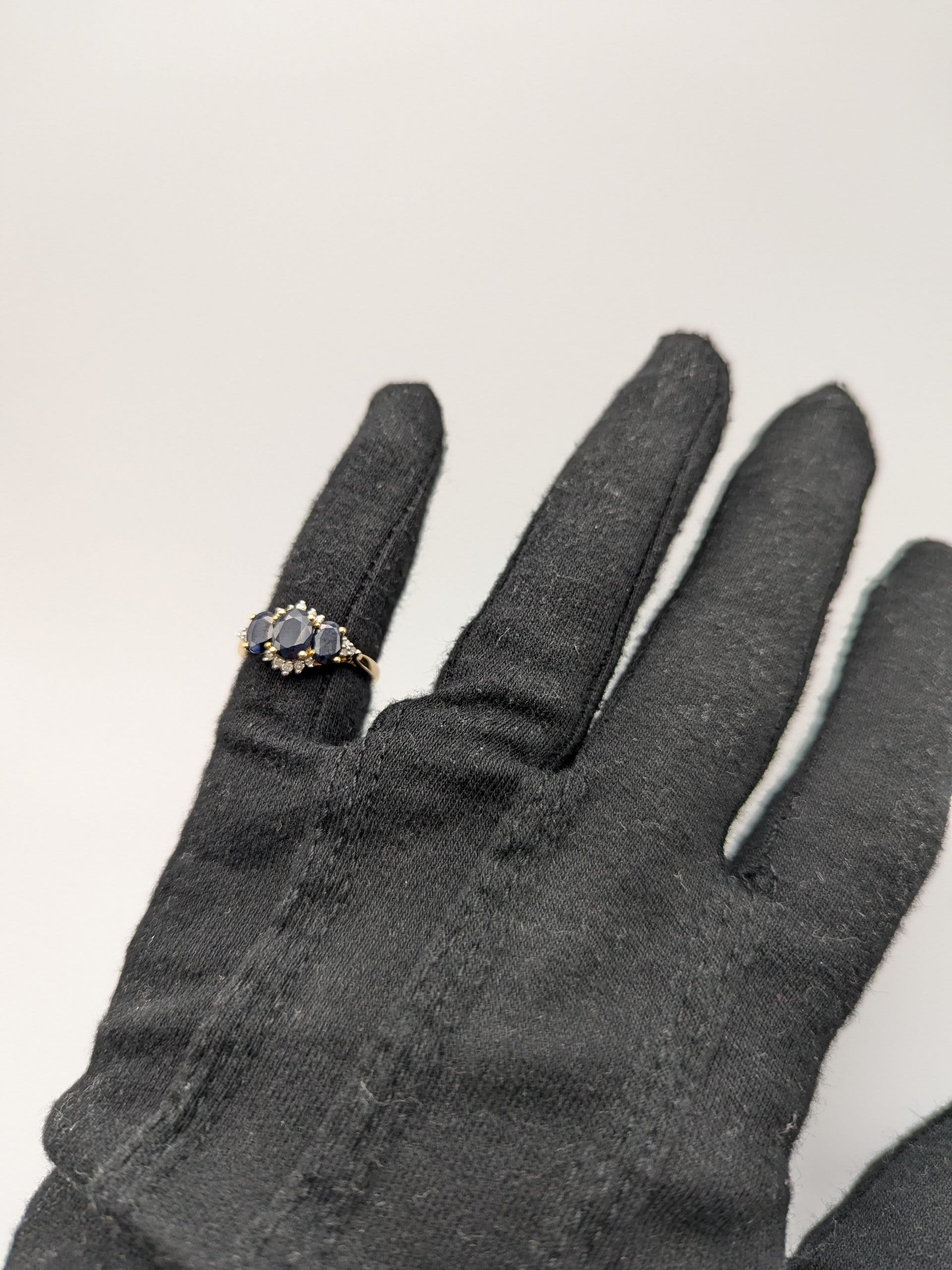 14k Yellow Gold Blue Sapphire Diamond Ring. Triple Sapphire Band. 14k Promise Ring.