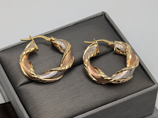 Large 10k Italy Trio Gold Twist Hoop Earrings Rose Gold Multi Color Hoops