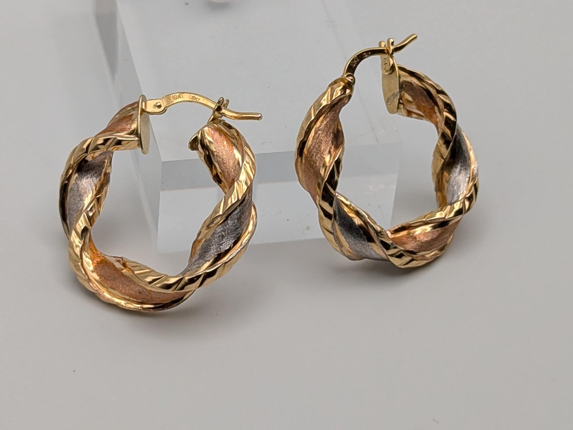 Large 10k Italy Trio Gold Twist Hoop Earrings Rose Gold Multi Color Hoops