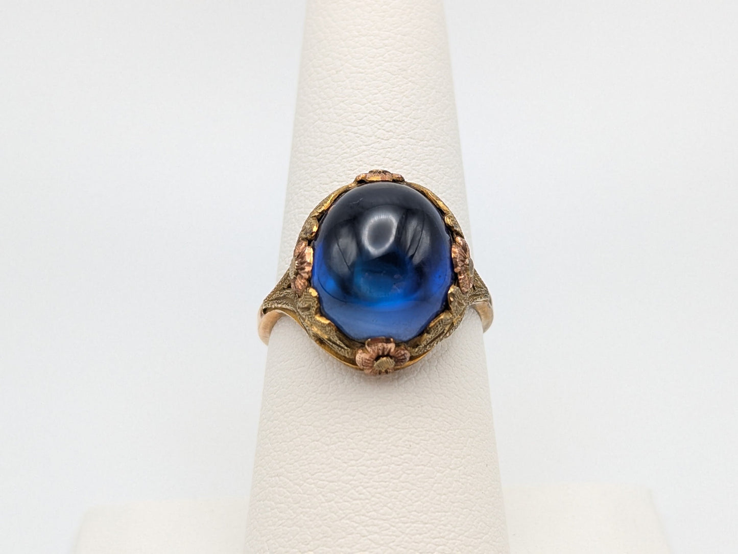 14k Vintage Yellow Gold Blue Sapphire Cabochon Ring Vintage Filigree Cabochon Cocktail Ring