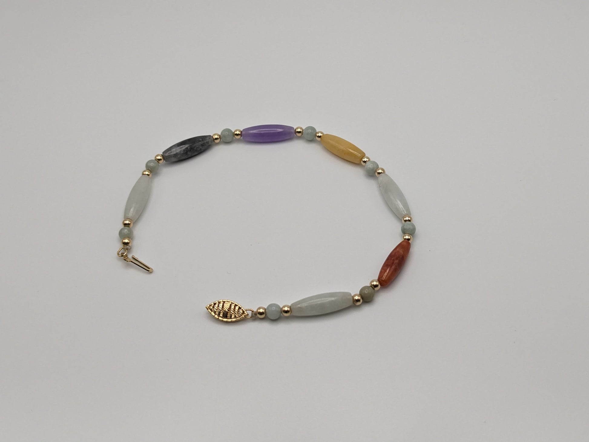 14K Gold Bead Multi Color Jade Jadite Tube Bead Bracelet. Tube Cylinder Yellow Gold 7"Inch Bracelet.