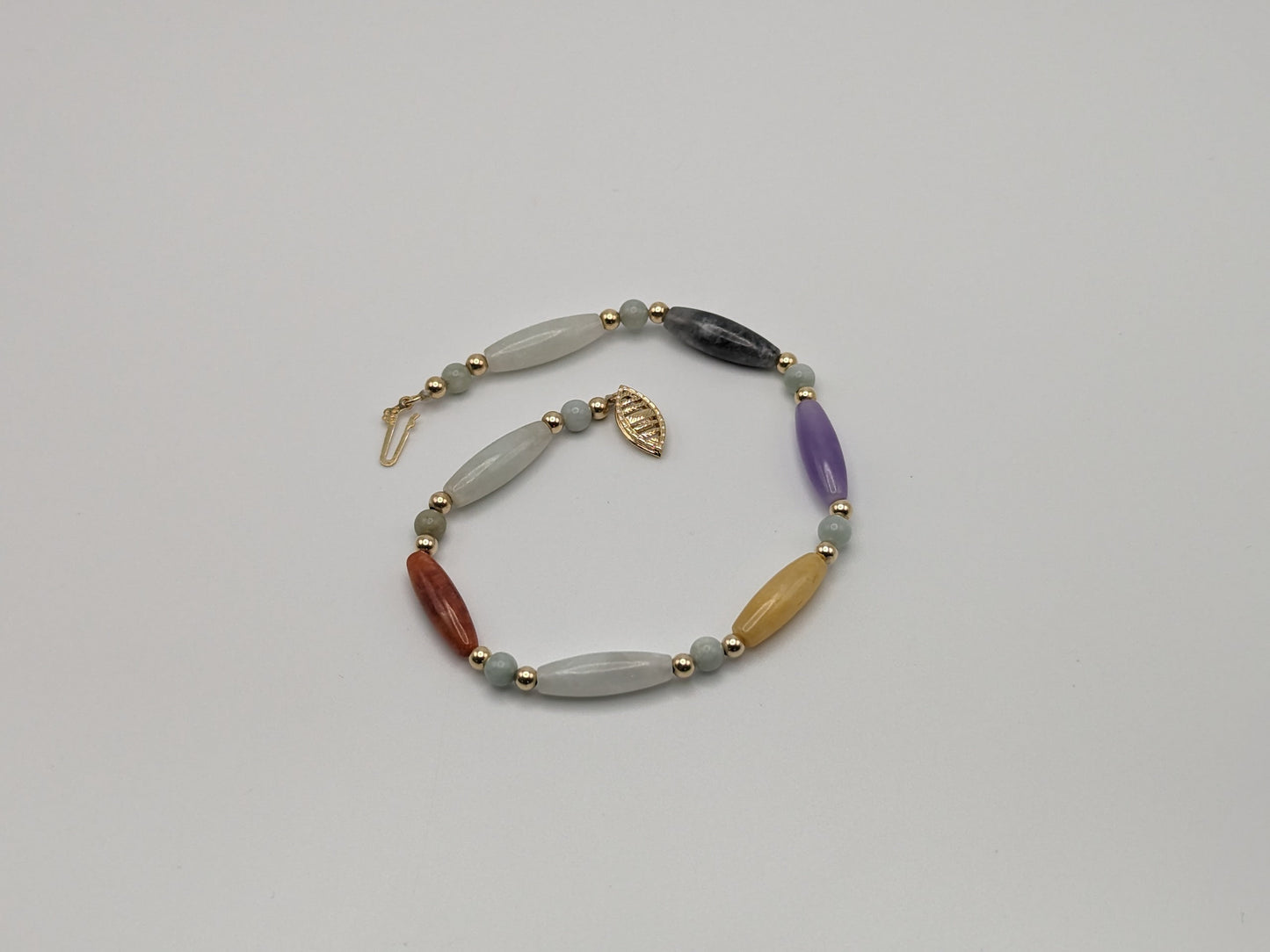 14K Gold Bead Multi Color Jade Jadite Tube Bead Bracelet. Tube Cylinder Yellow Gold 7"Inch Bracelet.